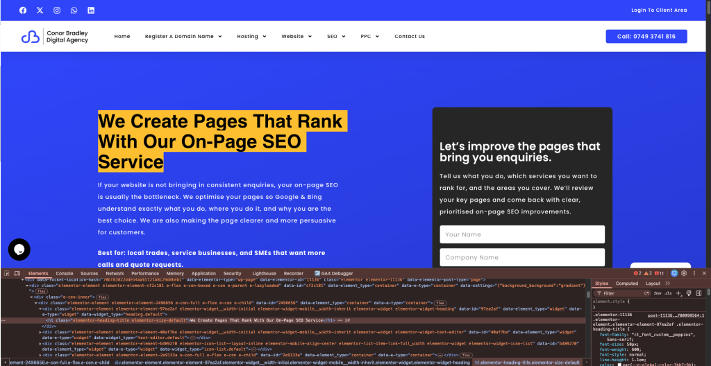 Headings Tag Screenshot Conor Bradley Digital Agency