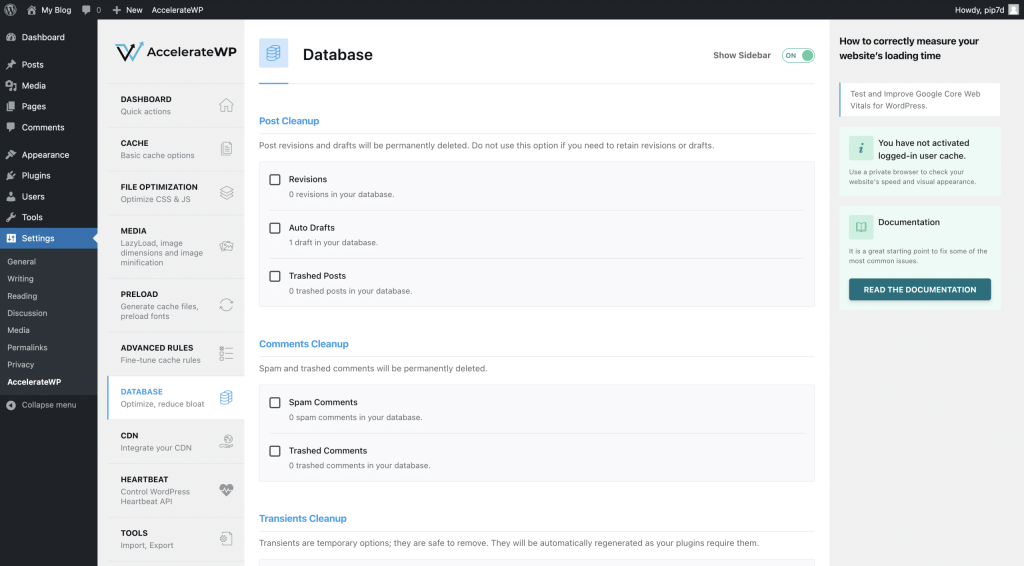 AccelerateWP Database Settings Screenshot Conor Bradley Digital Agency