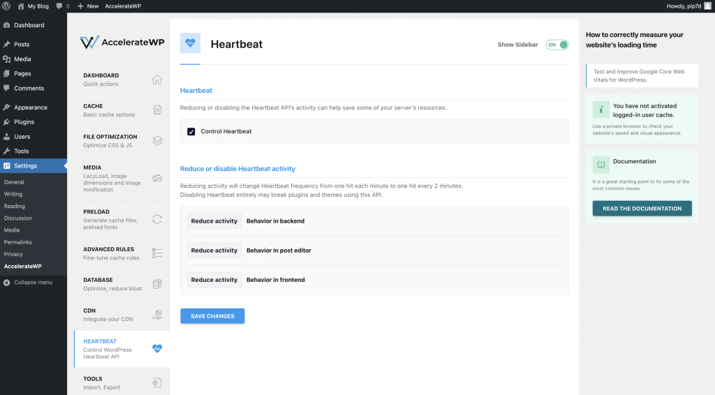 AccelerateWP Heartbeat Settings Screenshot Conor Bradley Digital Agency