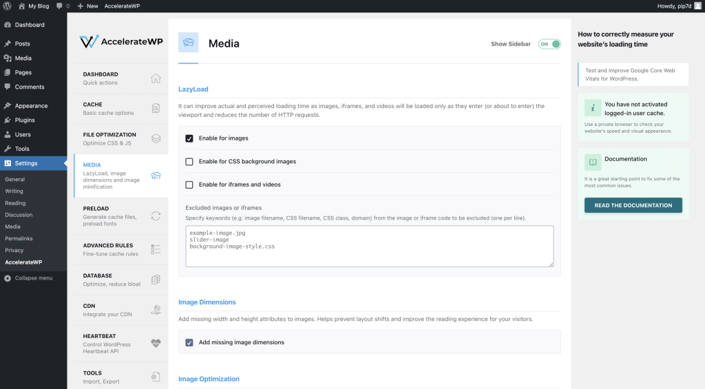 AccelerateWP Media Settings Screenshot Conor Bradley Digital Agency