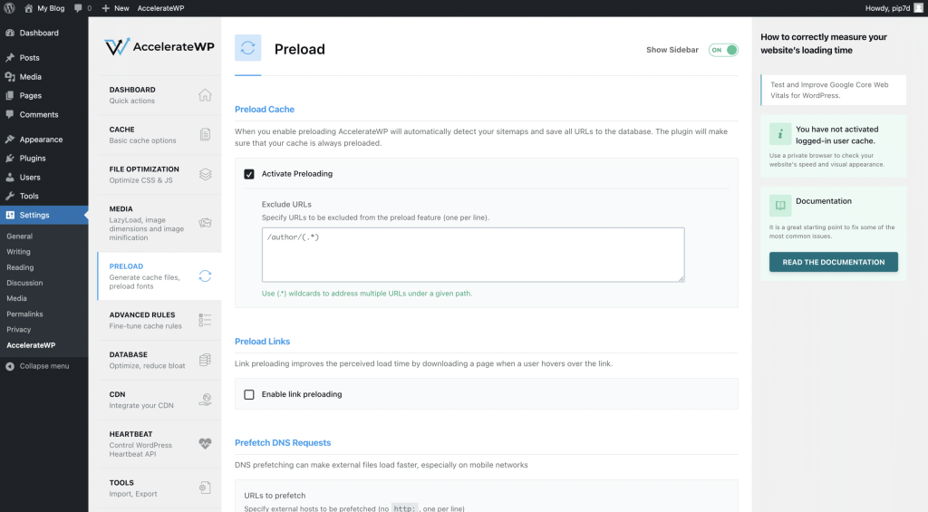 AccelerateWP Preload Settings Screenshot Conor Bradley Digital Agency