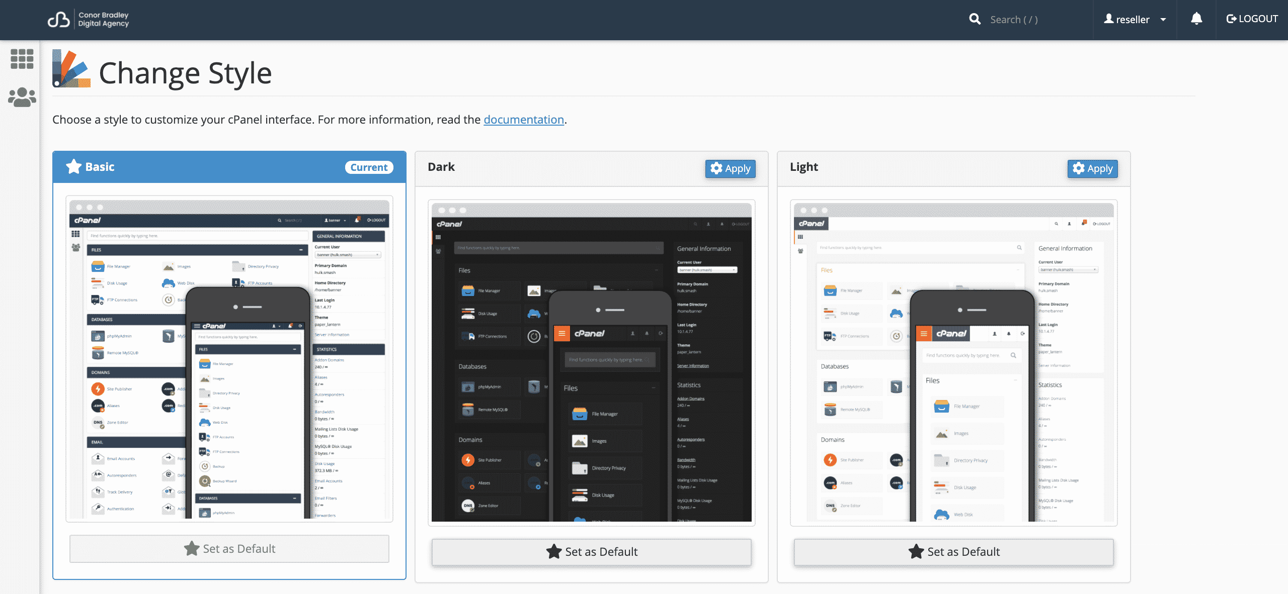 Changing the cPanel interface style conor bradley digital agency
