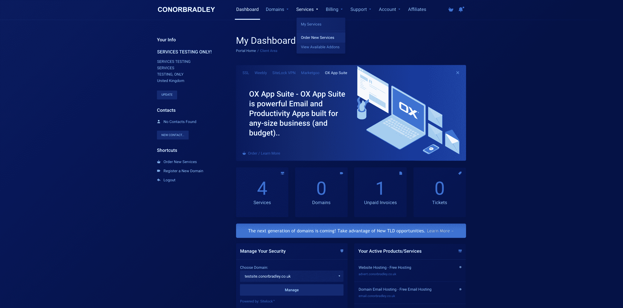 Clicking on services then order new services on the client portal Conor Bradley Digital Agency