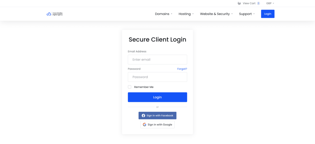 Client Area Login Screenshot Conor Bradley Digital Agency