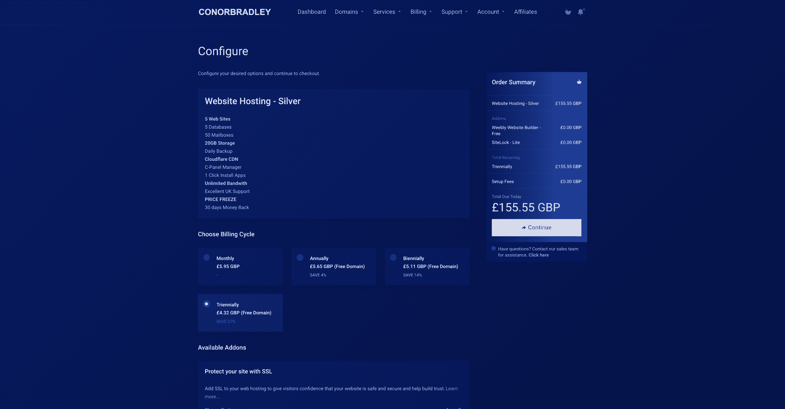 How To Order A Website Hosting Package Configuring the website hosting plan then selecting continue Conor Bradley Digital Agency