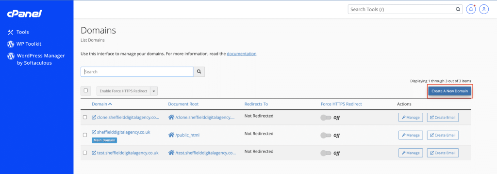 How To Create Another Website On The Same cPanel Creating a new domain in cPanel screenshot Conor Bradley Digital Agency