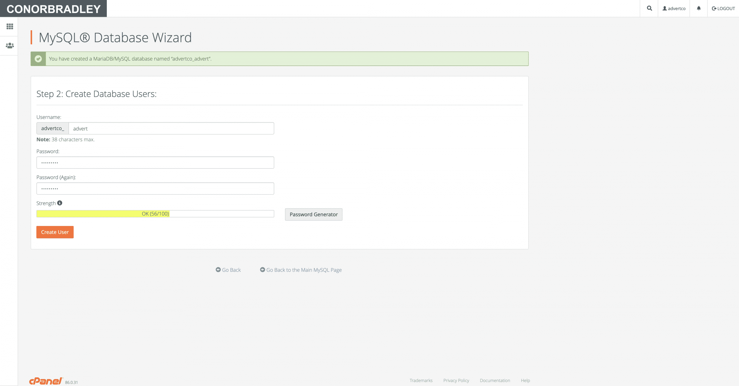 Creating database users by entering a username and password in MySQL database wizard Conor Bradley Digital Agency