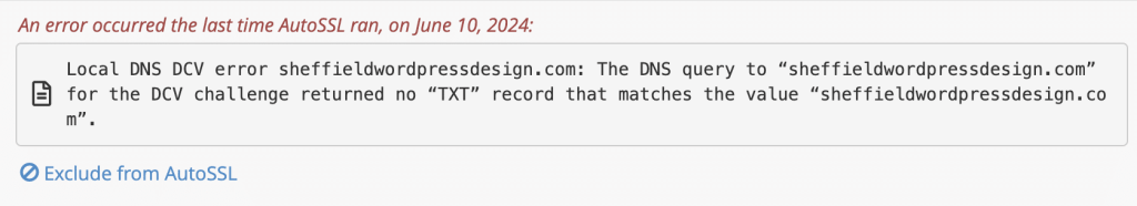 DCV challenge returned no TXT record