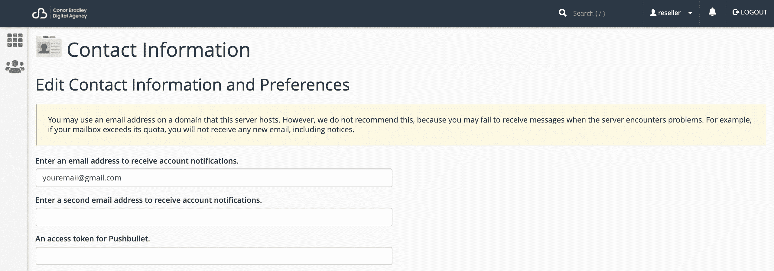 Editing contact email in cPanel contact information conor bradley digital agency