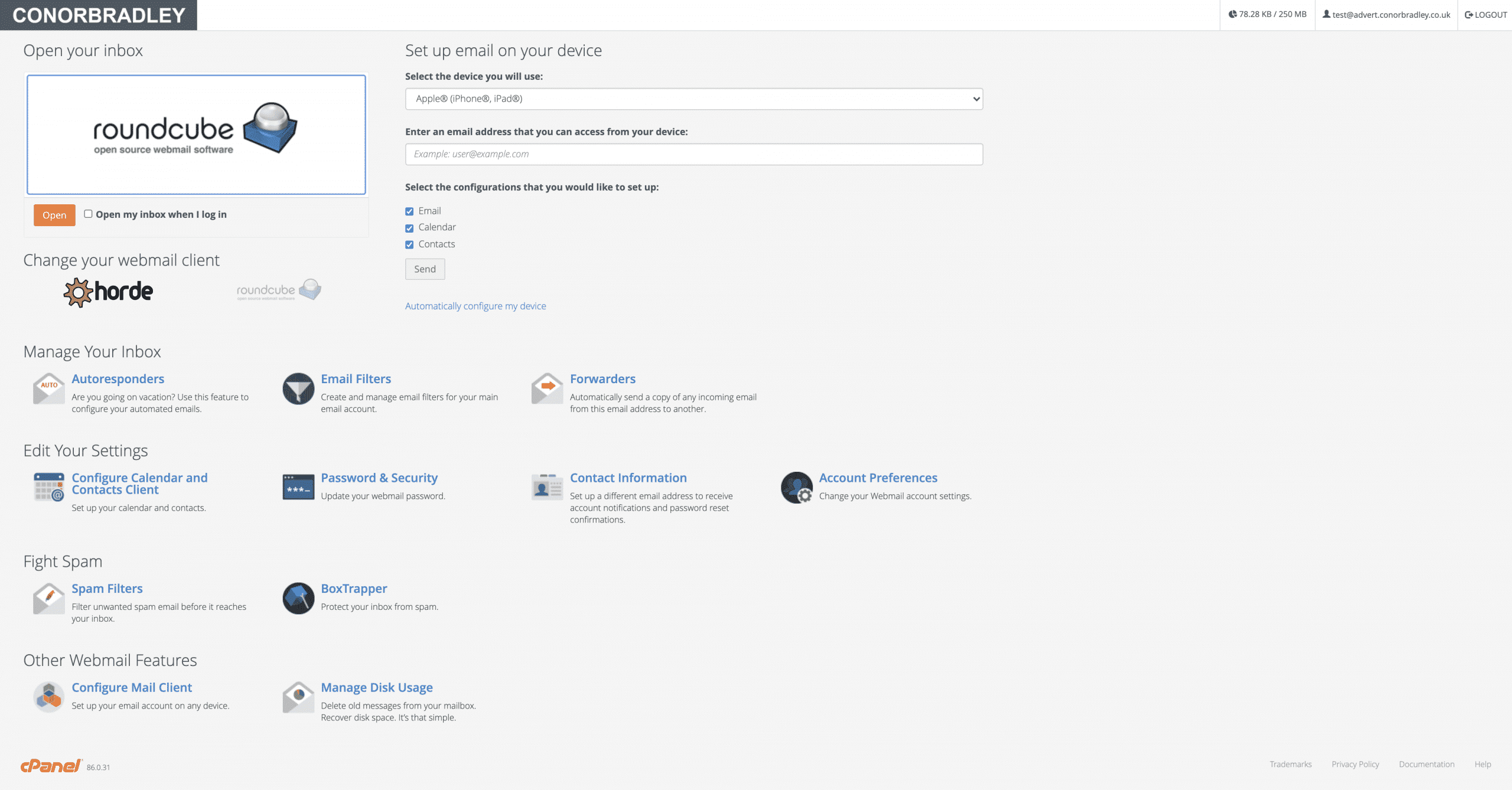 Email Account system settings page Conor Bradley Digital Agency