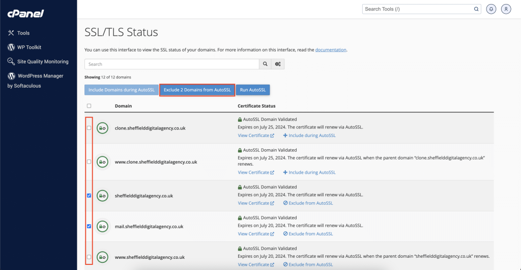 Excluding a domain in AutoSSL Screenshot Conor Bradley Digital Agency