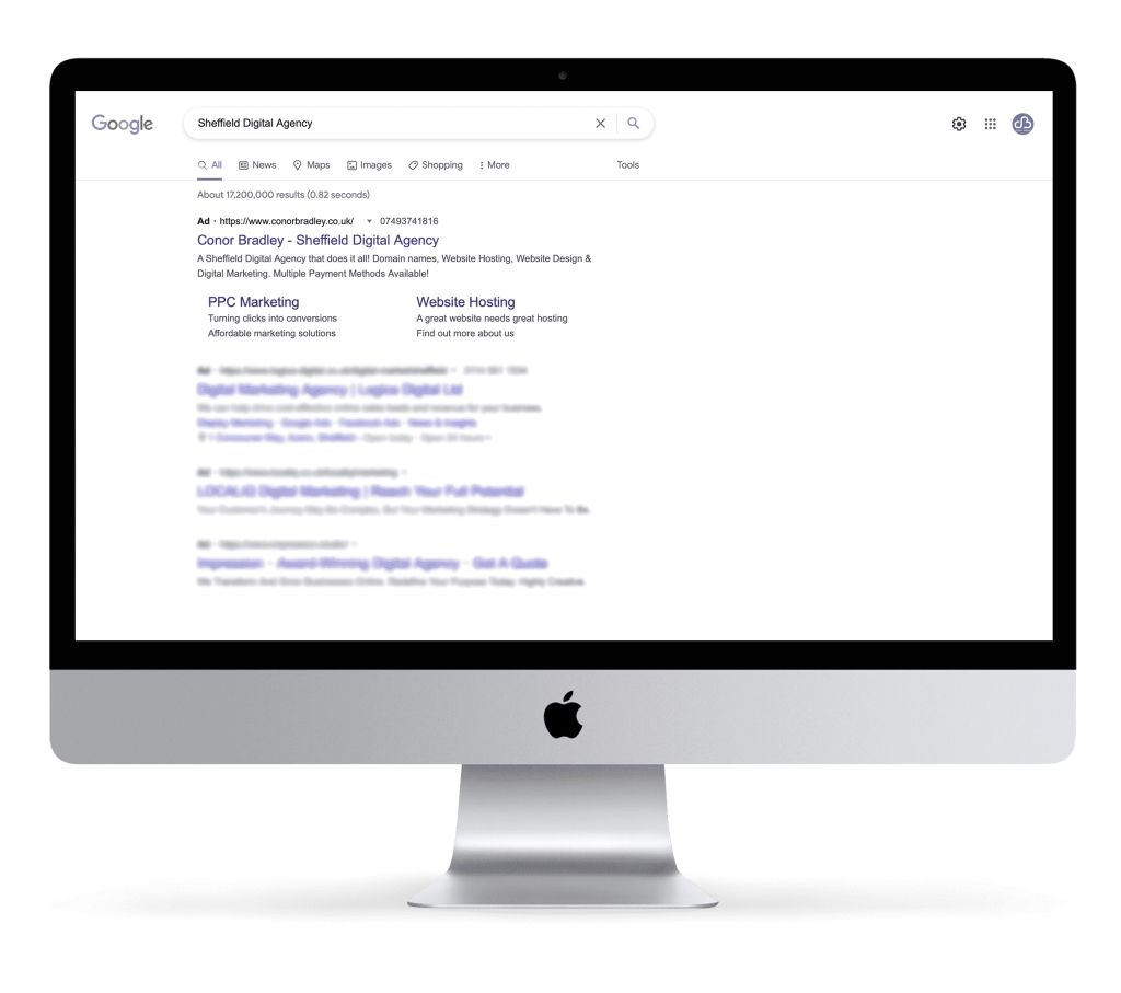 Google Search PPC Ads Sheffield iMac Pro Mockup - Conor Bradley - Sheffield Digital Agency