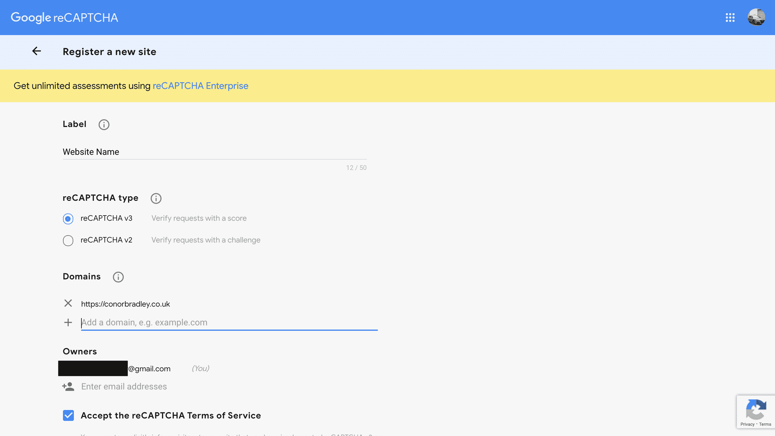 Google reCaptcha register a new site screenshot conor bradley digital agency