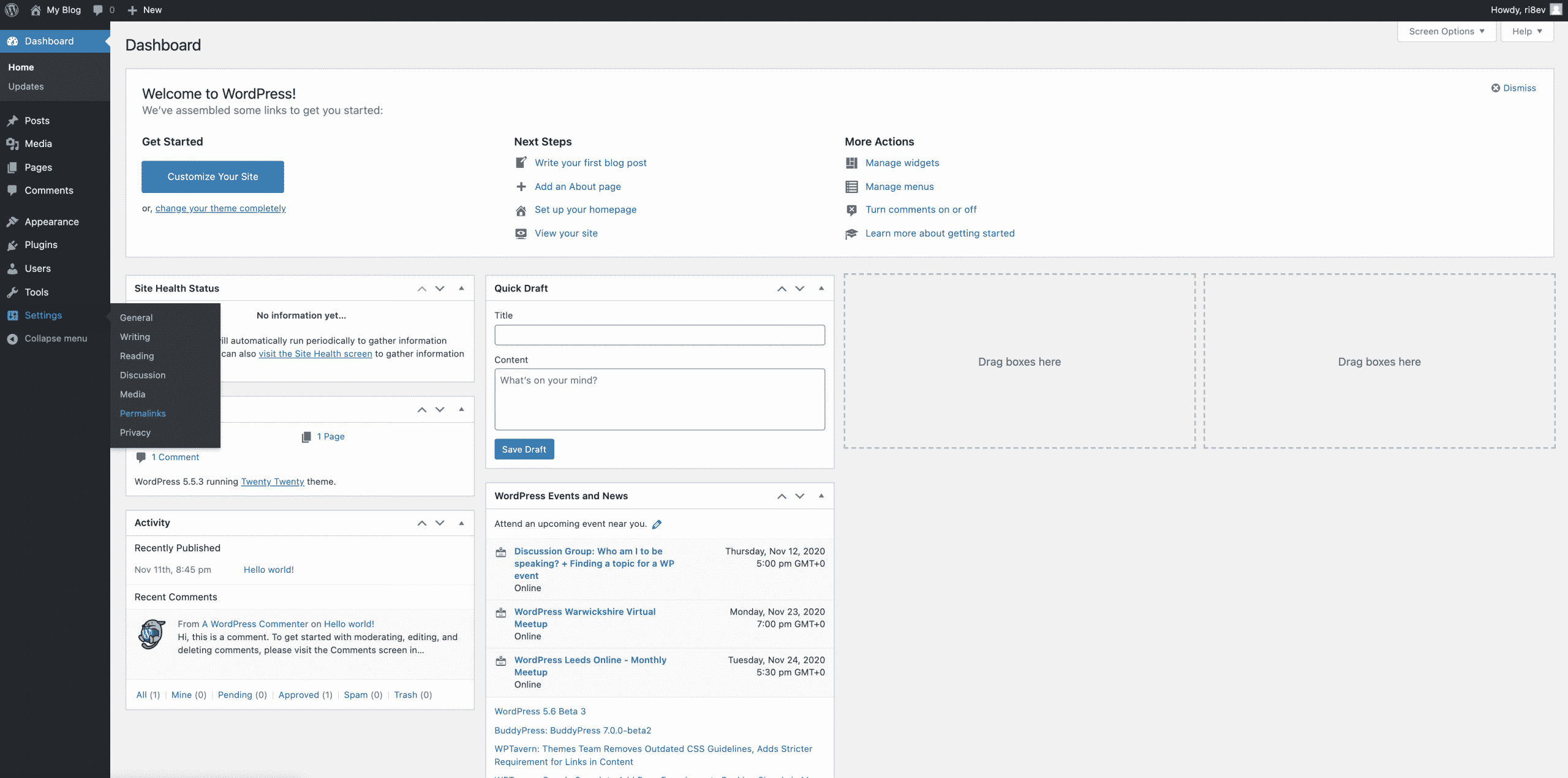 Hovering over settings then clicking permalink on wordpress Conor Bradley Digital Agency