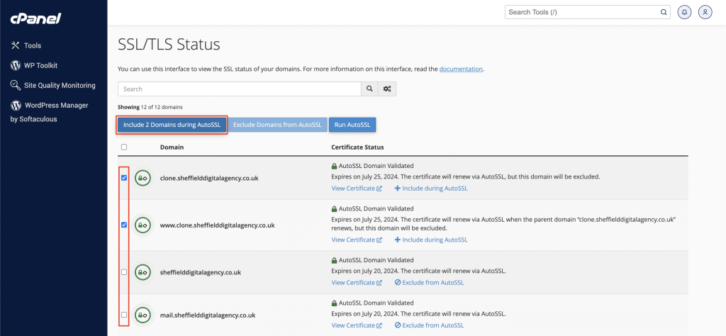 Including a domain in AutoSSL Screenshot Conor Bradley Digital Agency
