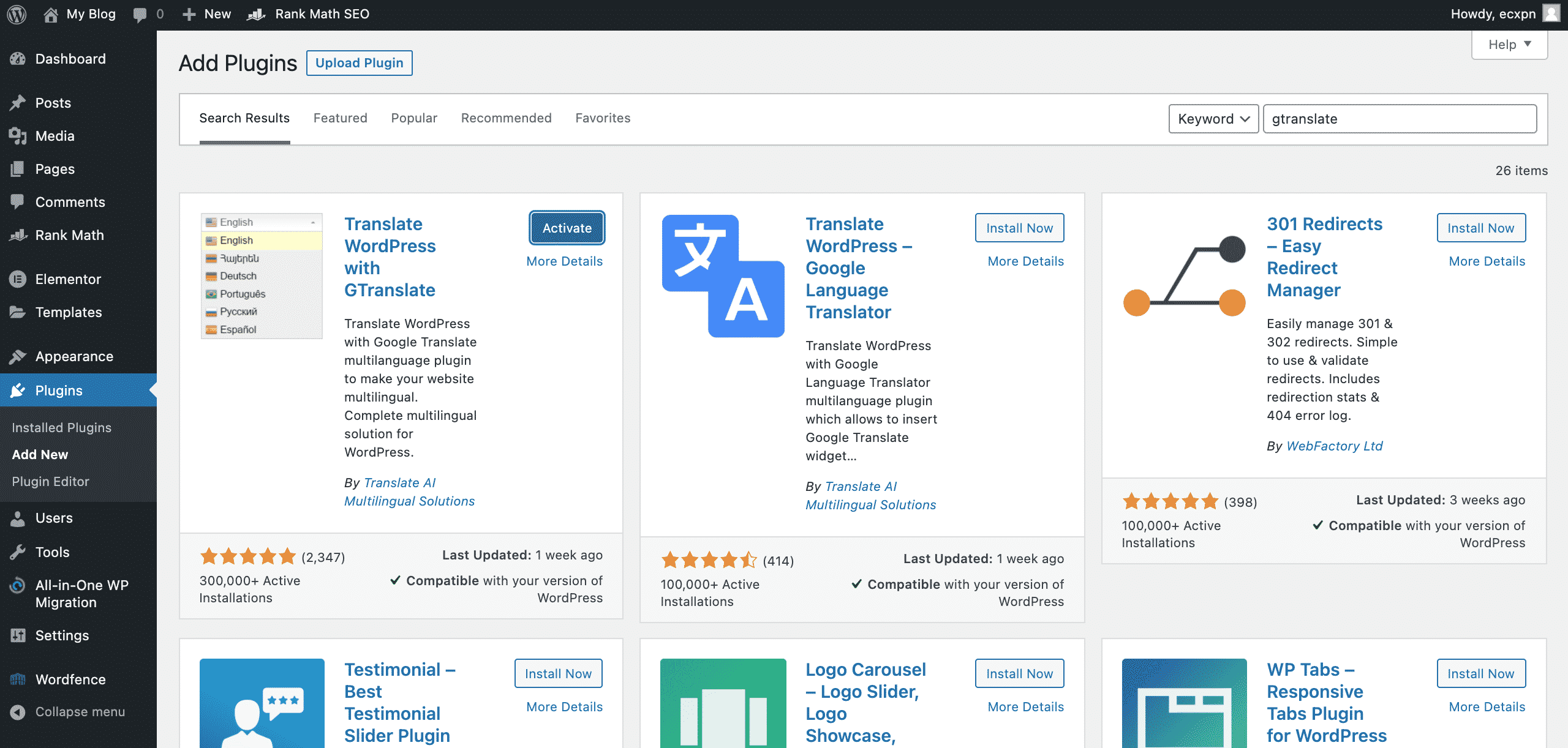 Installing the GTranslate plugin in wordpress screenshot conor bradley digital agency