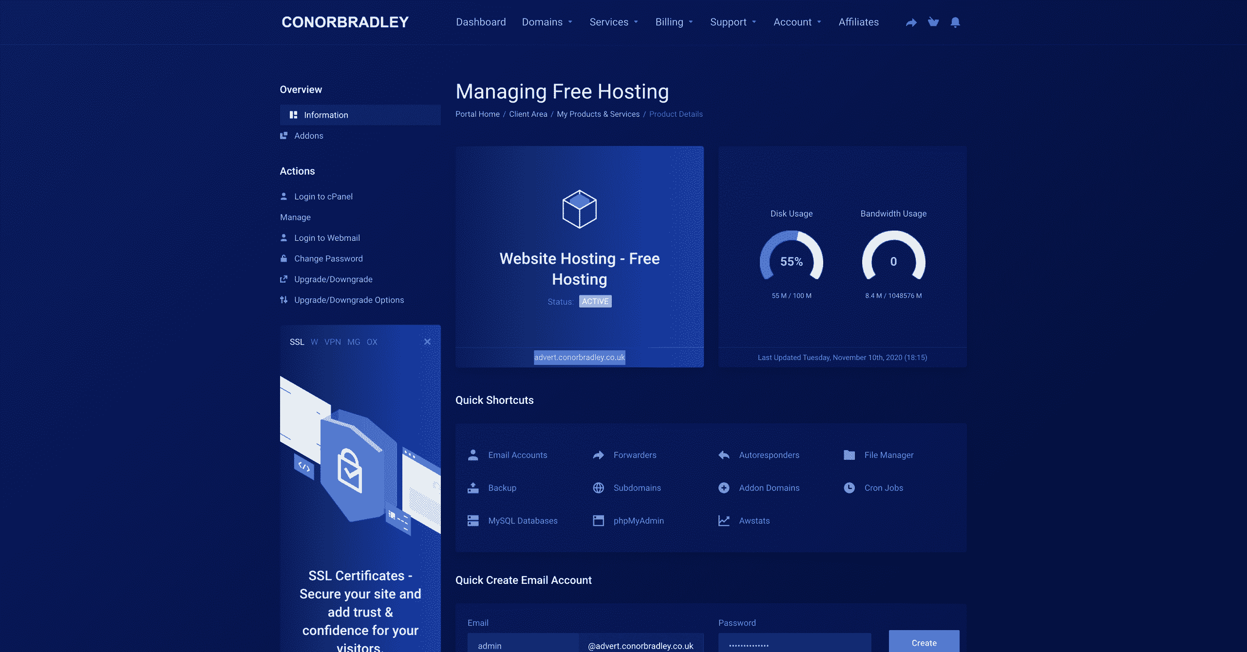 Logging in to C-Panel on the actions menu - Conor Bradley - Digital Agency