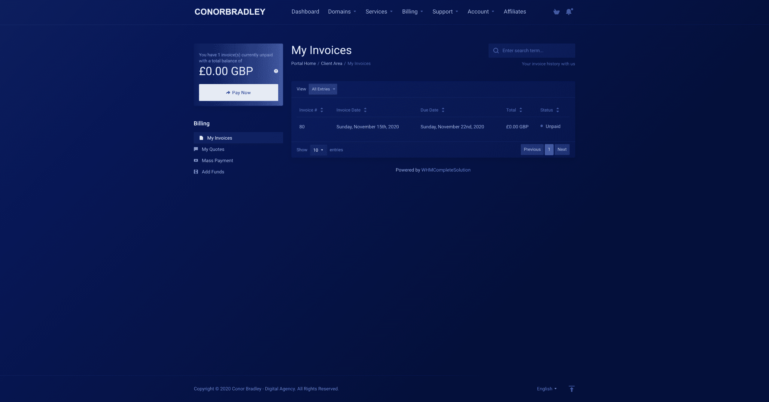 My invoices section on the client portal Conor Bradley Digital Agency