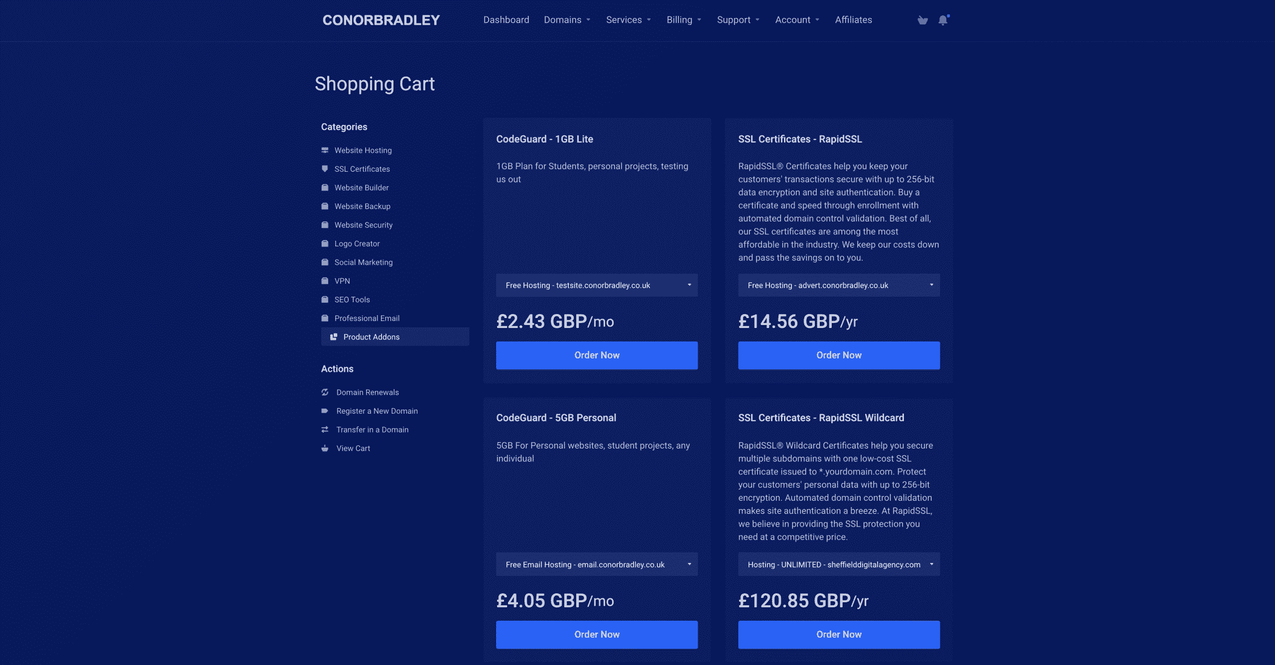 Ordering new services page also called shopping cart Conor Bradley Digital Agency