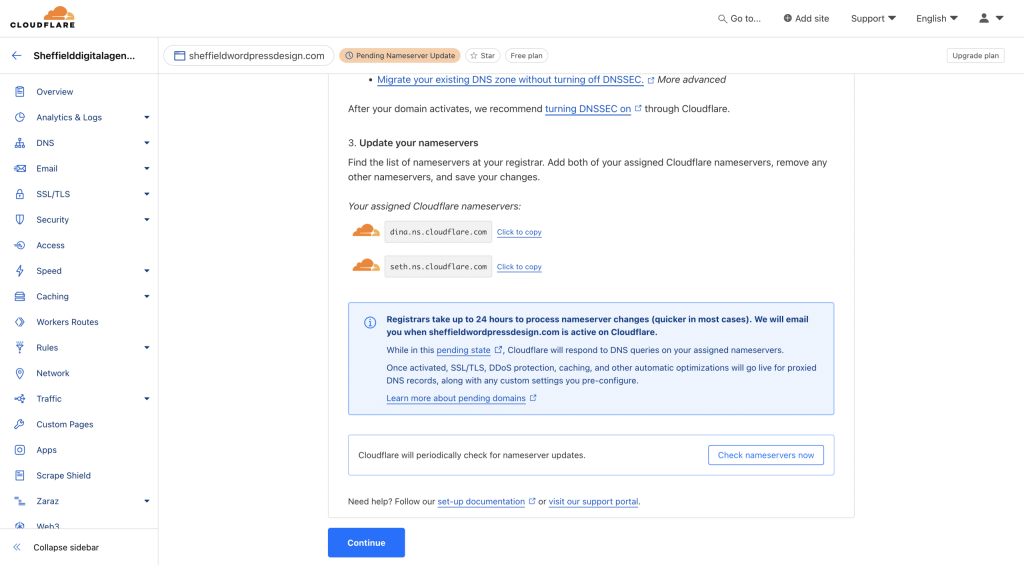 Pointing your domain to cloudflares nameservers screenshot screenshot Conor Bradley Digital Agency