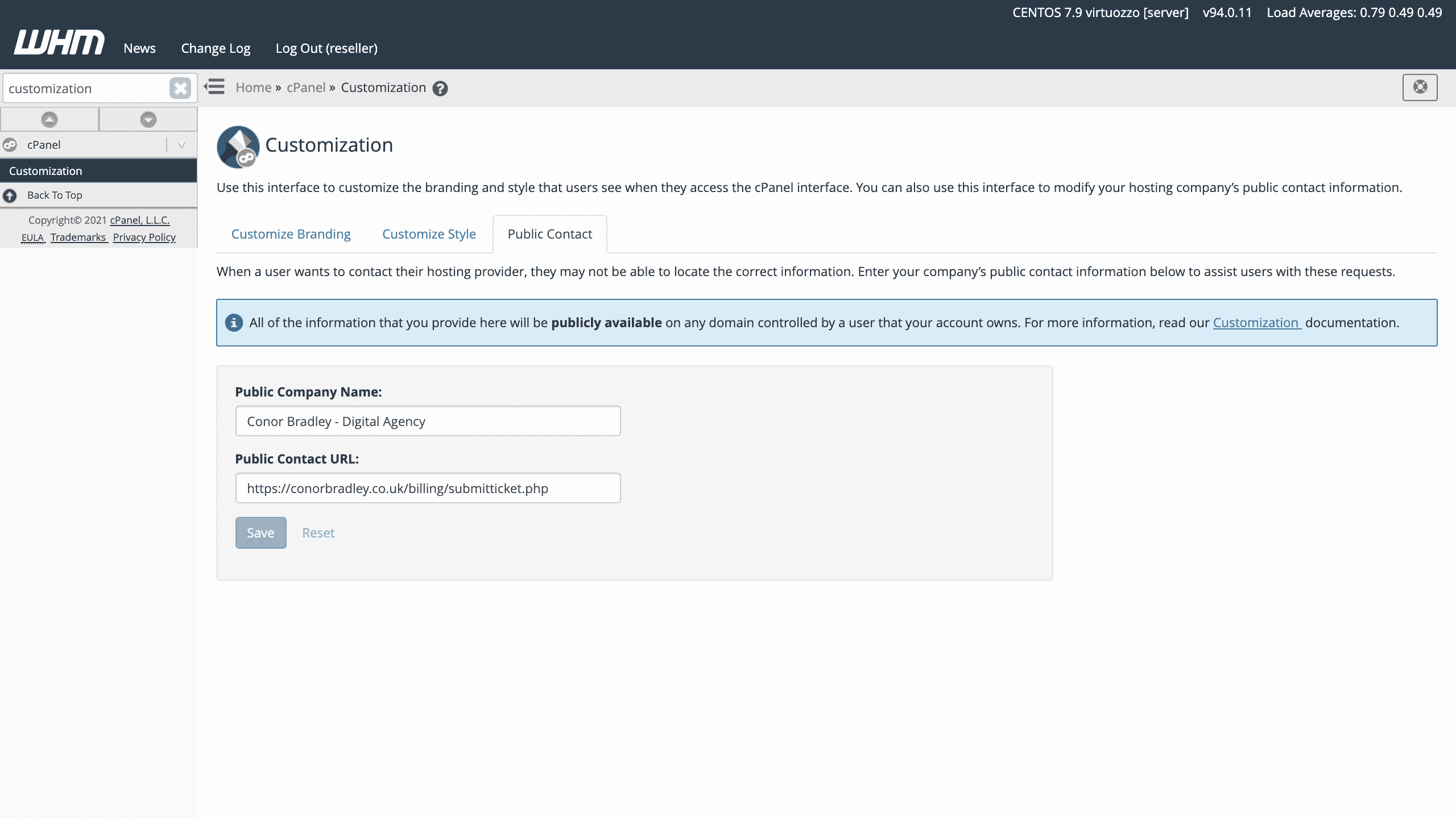 How to add your customer support link in WHM Public contact customization in WHM conor bradley digital agency