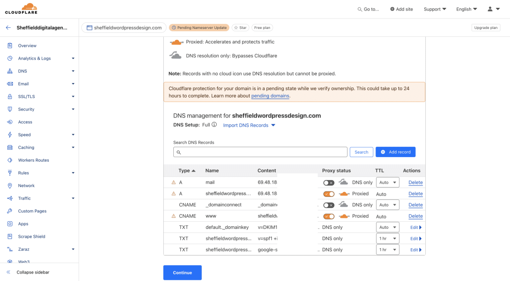 Reviewing DNS Settings in Cloudflare screenshot Conor Bradley Digital Agency