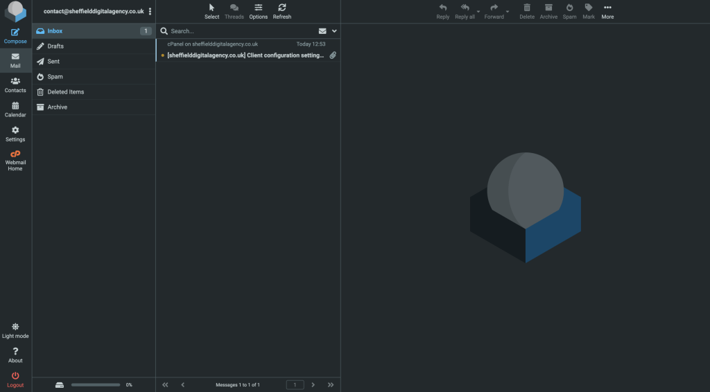 Roundcube mail dashboard in cPanel screenshot Conor Bradley Digital Agency