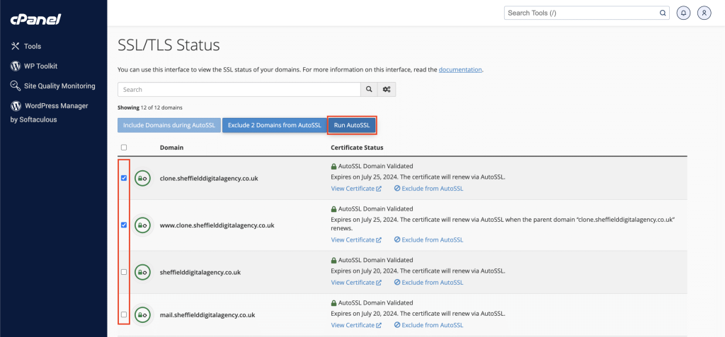 Running AutoSSL for a domain in cPanel Screenshot Conor Bradley Digital Agency