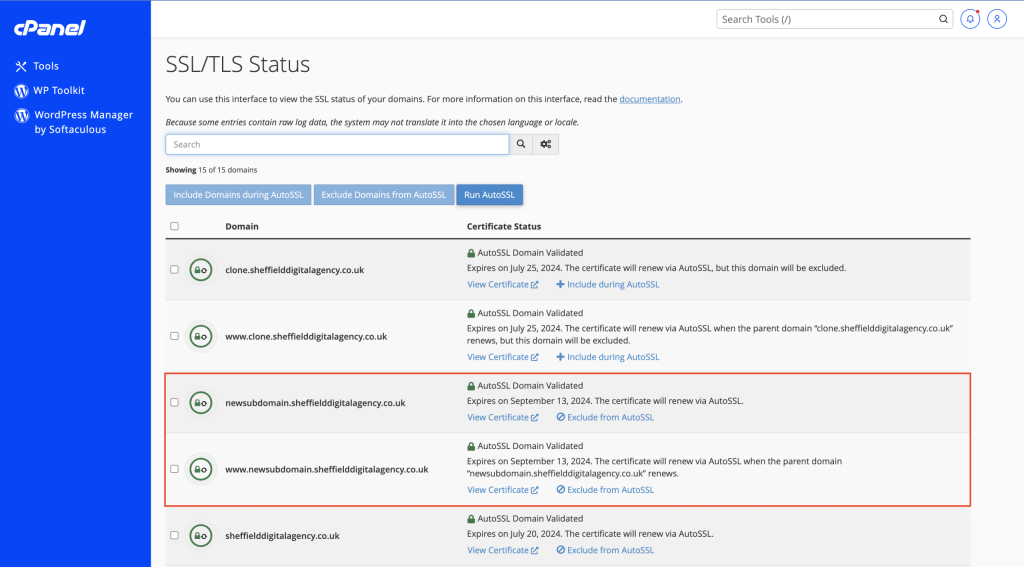 How To Install WordPress and SSL In cPanel SSLTLS Status sucsessful renewal screenshot Conor Bradley Digital Agency