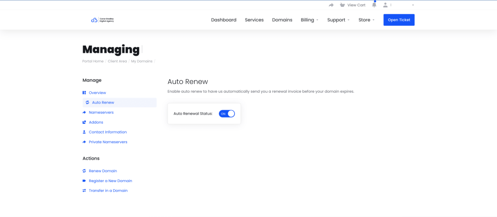 Basic domain management using the Client Portal Screenshot Of Domain Auto Renew in Client Portal Conor Bradley Digital Agency