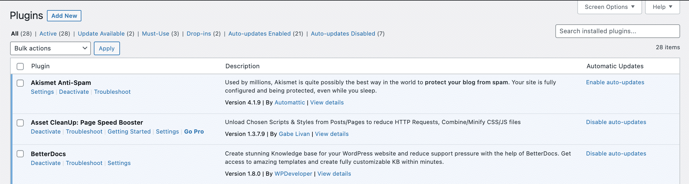 How to enable automatic updates for WordPress plugins Screenshot of wordpress plugins dashboard for automatic updates conor bradley digital agency