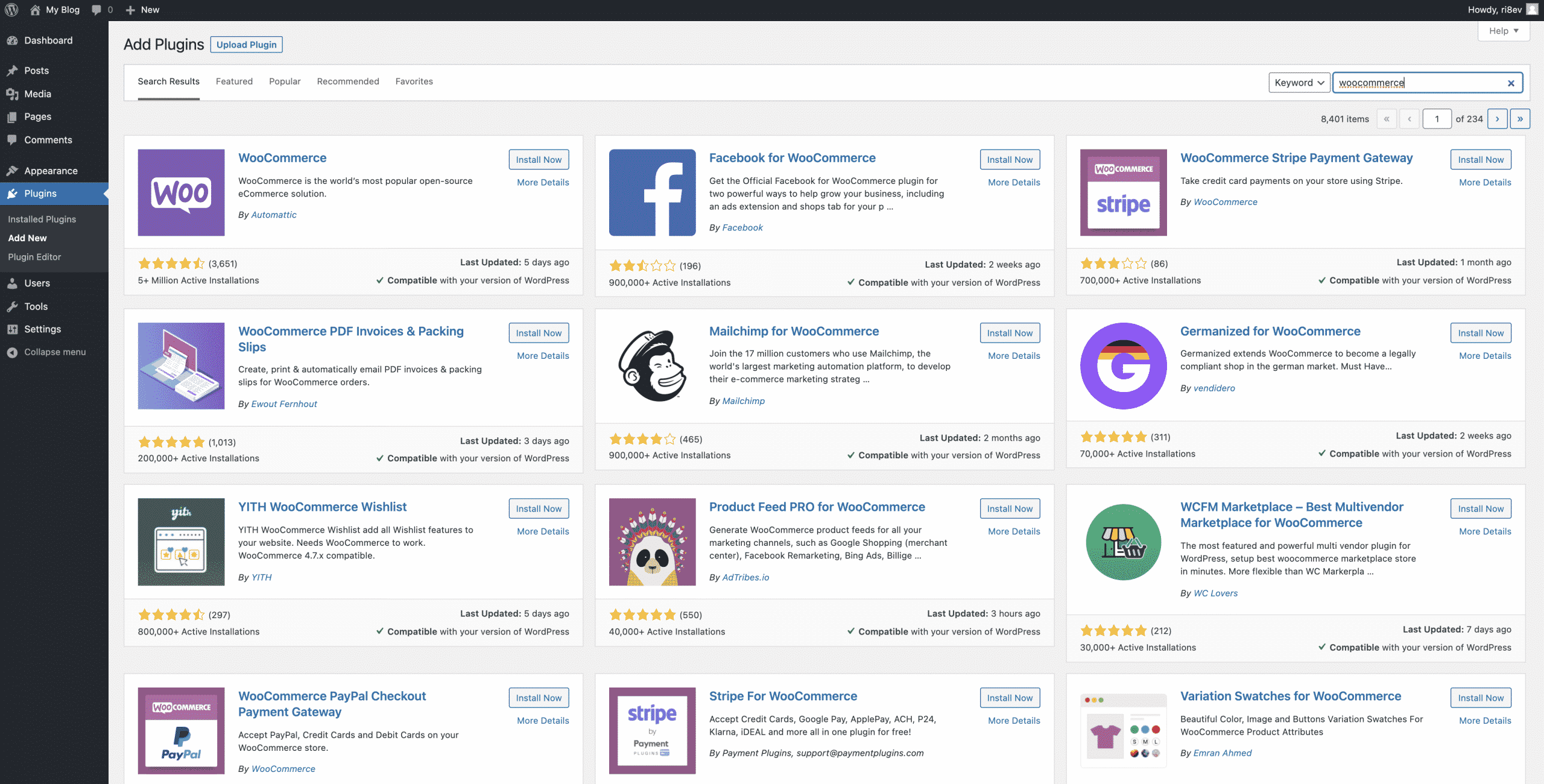 Searching for woocommerce in the wordpress plugins dashboard Conor Bradley Digital Agency