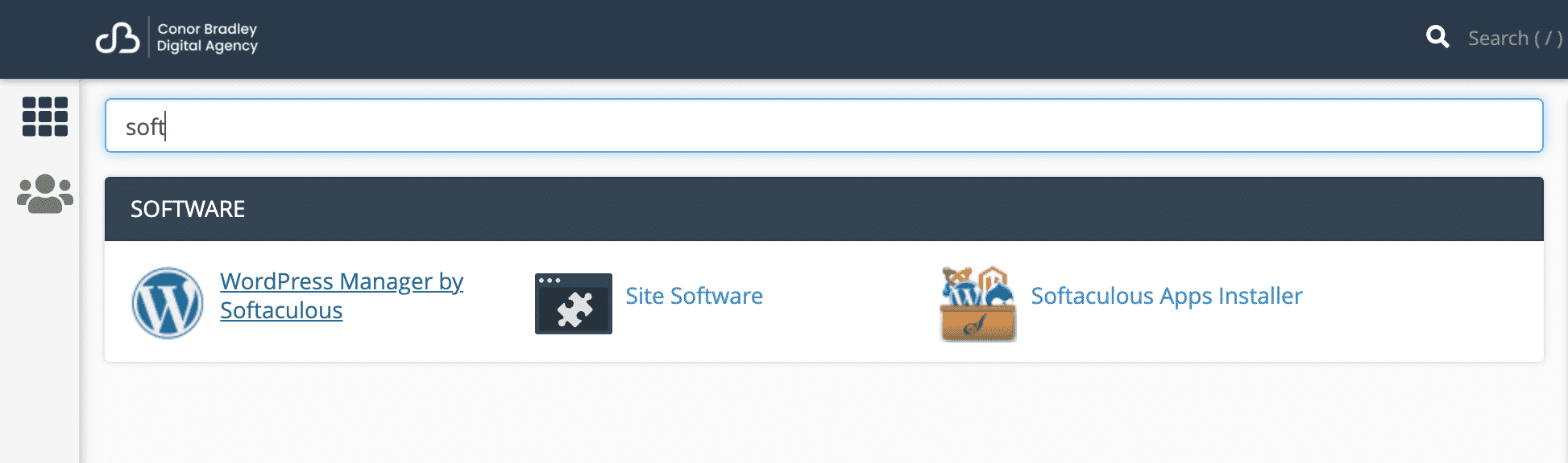 Searching for wordpress manager by softaculous in cPanel conor bradley digital agency sheffield