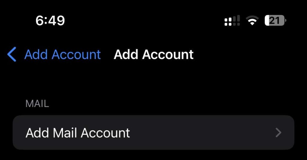 Selecting Add Mail Account Screenshot