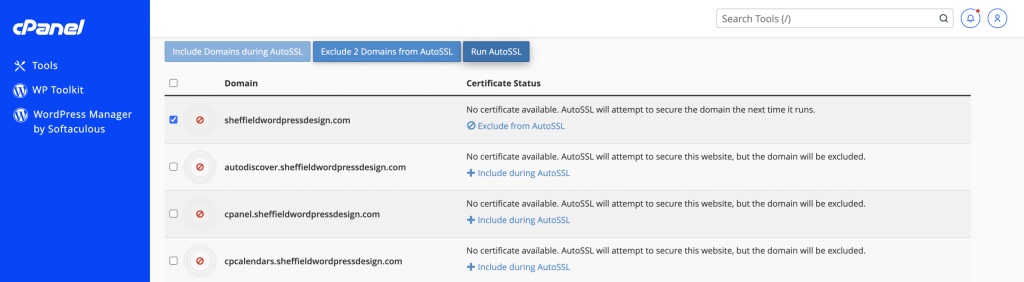Selecting Domain To Run autossl on screenshot conor bradley digital agency 1