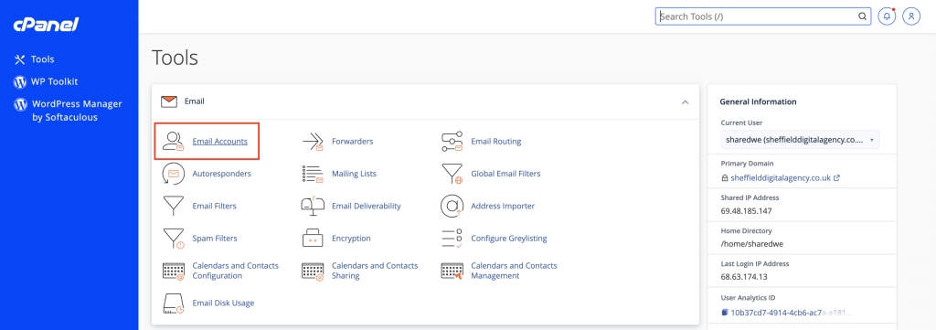 Selecting Email Accounts In cPanel Dashboard screenshot Conor Bradley Digital Agency