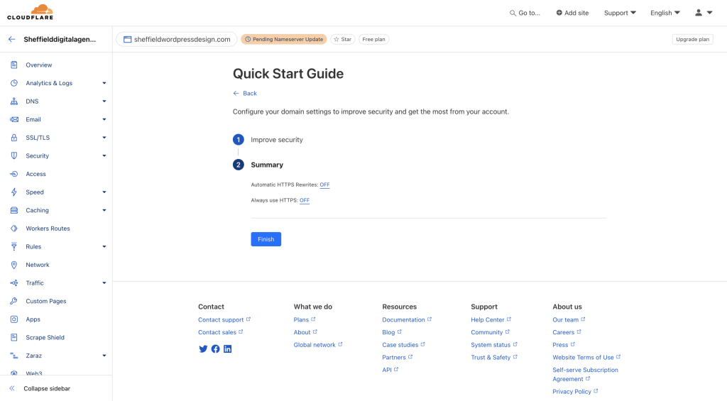 Selecting Finish on cloudflares quick start quide screenshot Conor Bradley Digital Agency