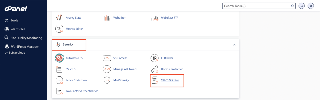 Selecting SSL TLS Status Screenshot in cPanel Conor Bradley Digital Agency