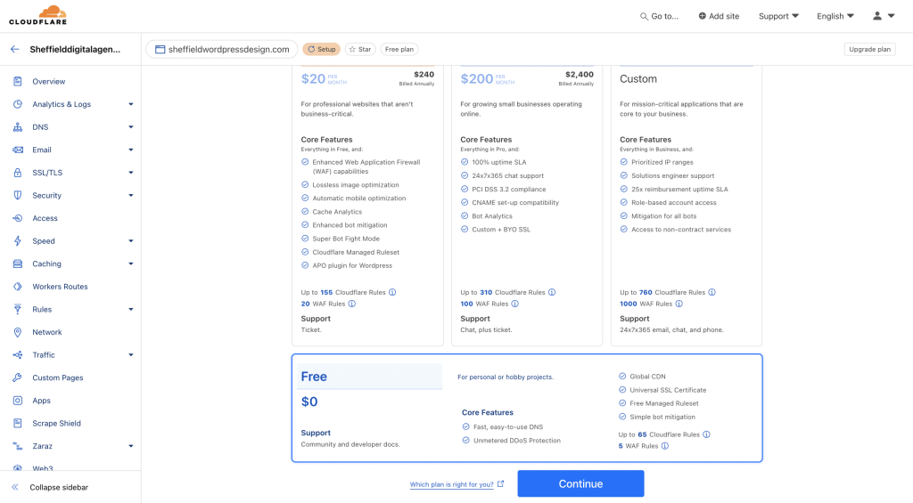 Selecting a plan in cloudflare screenshot Conor Bradley Digital Agency