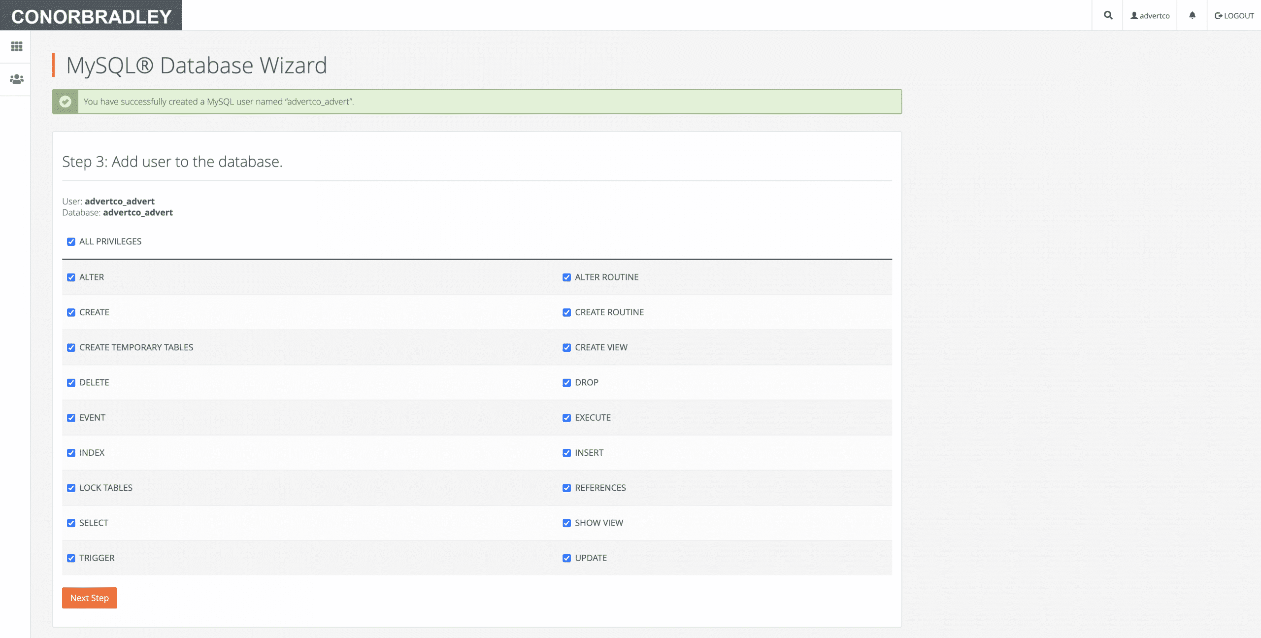 Selecting all privileges for the new user in MySQL Database Wizard Conor Bradley Digital Agency