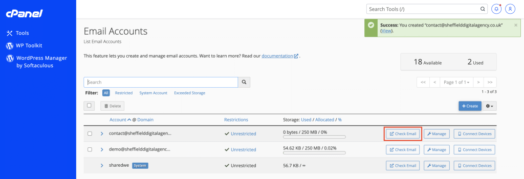 Selecting check email in cPanel screenshot Conor Bradley Digital Agency