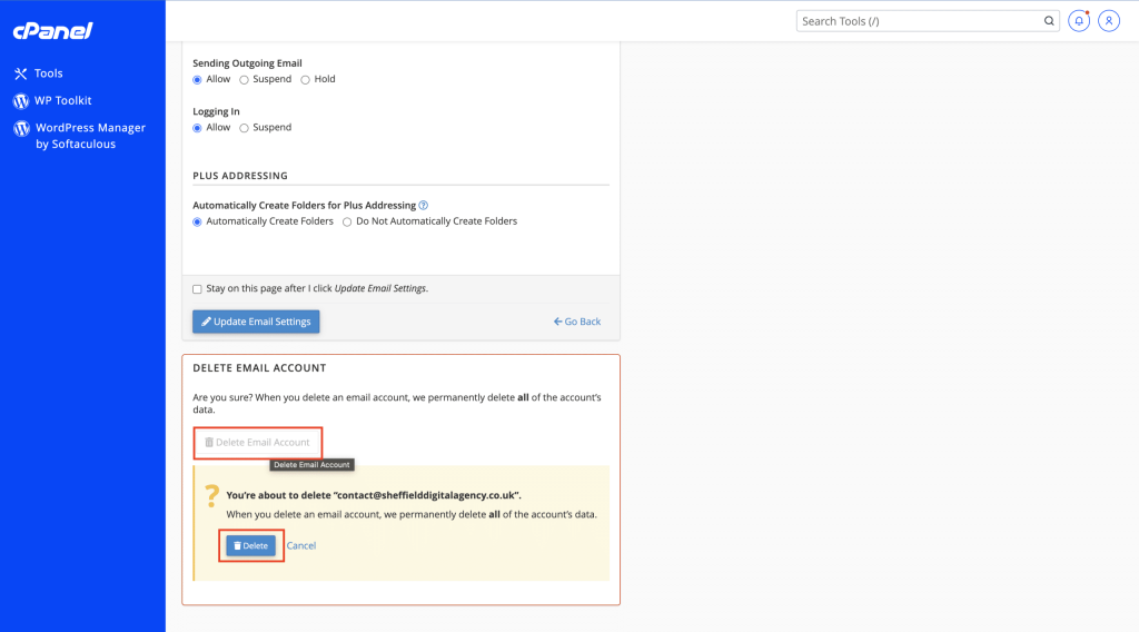 How to Create an Email Account in cPanel Selecting delete email account in cPanel screenshot Conor Bradley Digital Agency
