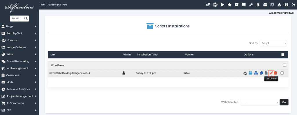 How To Create Automatic WordPress Backups With Softaculous Selecting edit details in Softaculous screenshot Conor Bradley Digital Agency