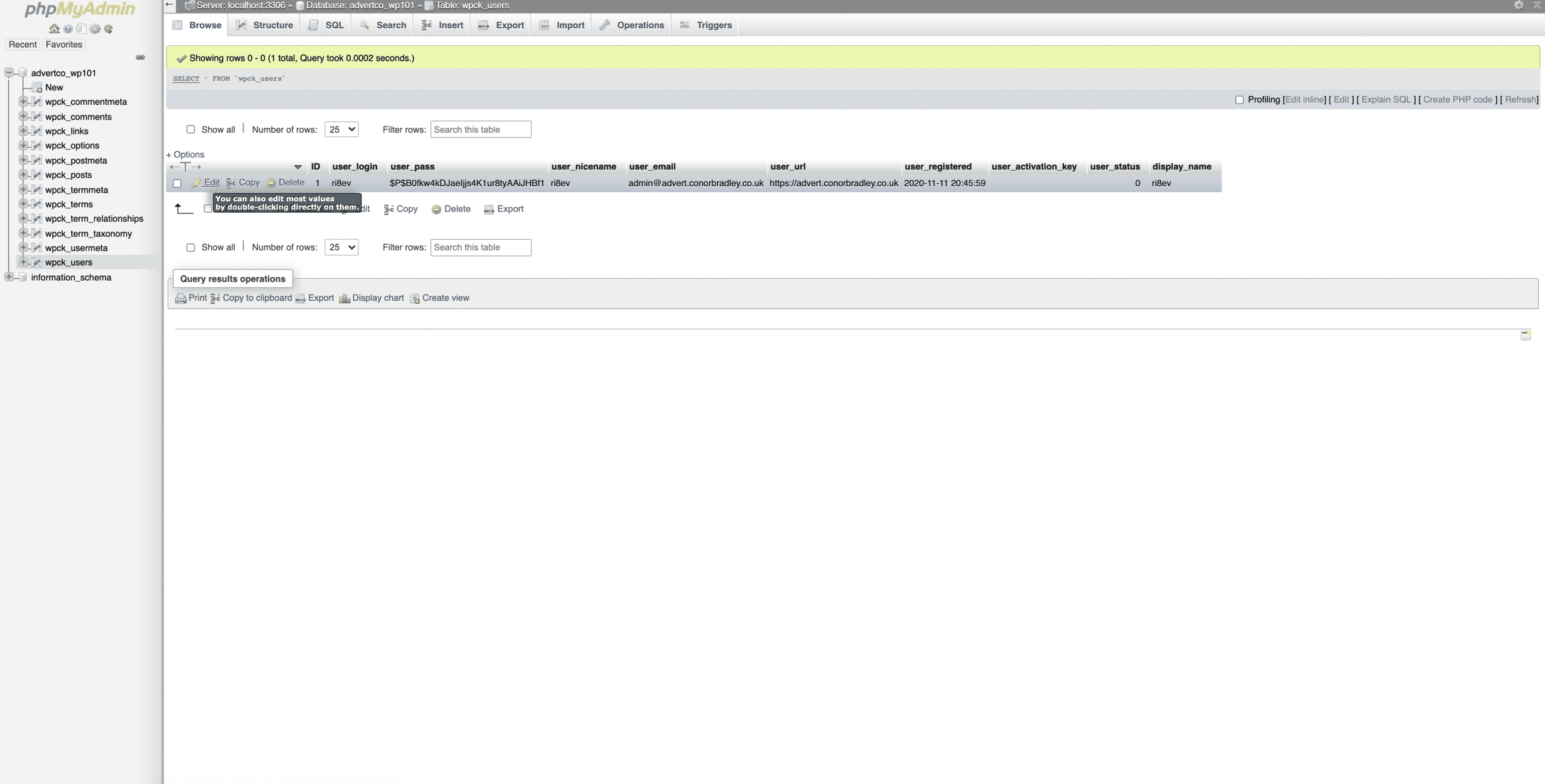 Selecting edit on the username youre wanting to change in PHPMyAdmin Conor Bradley Digital Agency