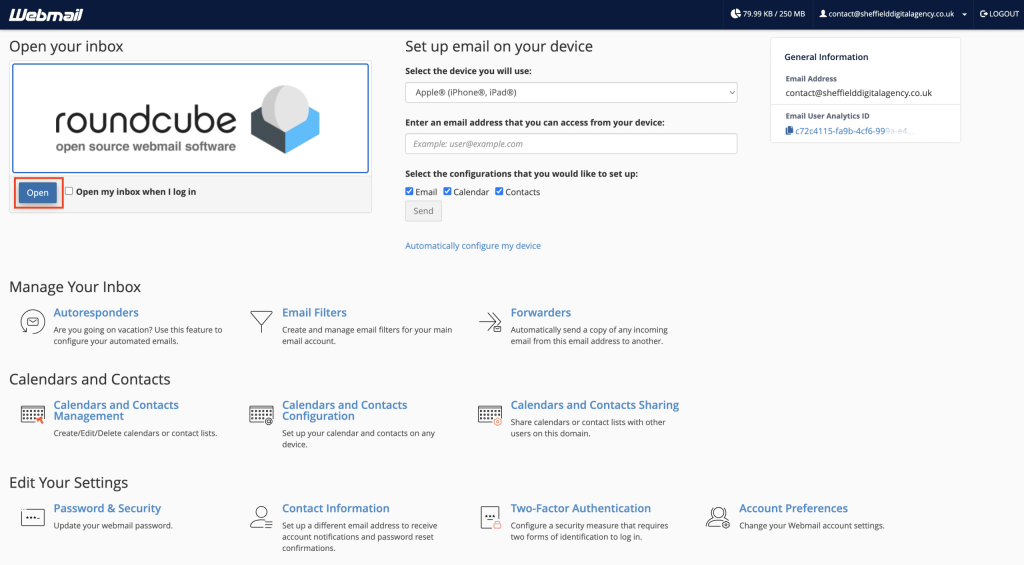 Selecting open on roundcube cPanel email screenshot Conor Bradley Digital Agency