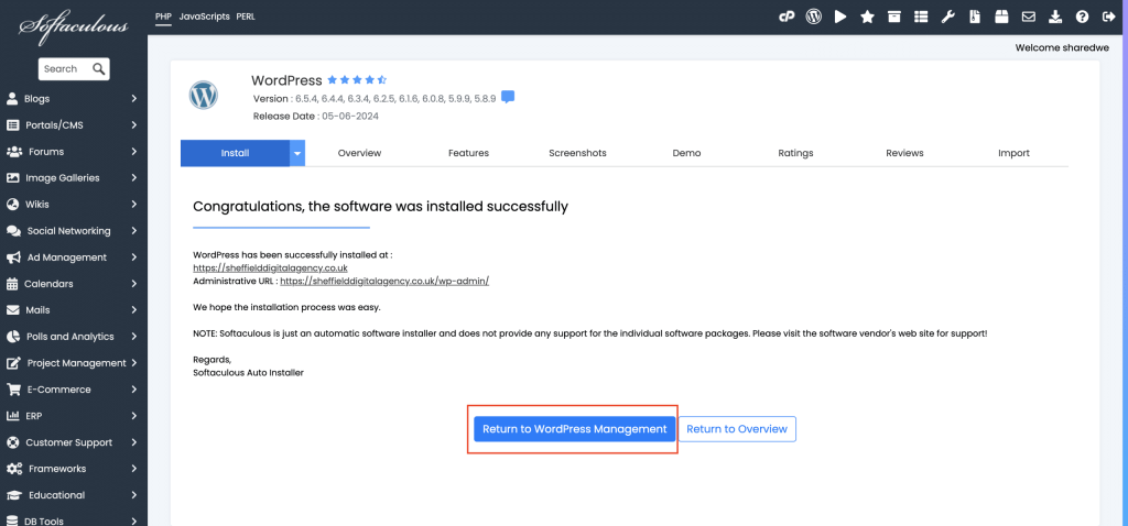 How To Install WordPress and SSL In cPanel Selecting return to wordpress management in WordPress Manager by Softaculous screenshot Conor Bradley Digital Agency
