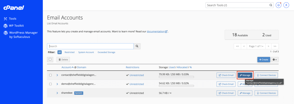 How to Create an Email Account in cPanel Selecting the manage button in cPanel email accounts screenshot Conor Bradley Digital Agency