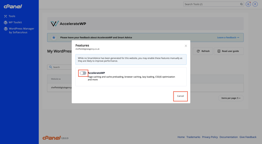 Selecting the on toggle for AccelerateWP screenshot Conor Bradley Digital Agency