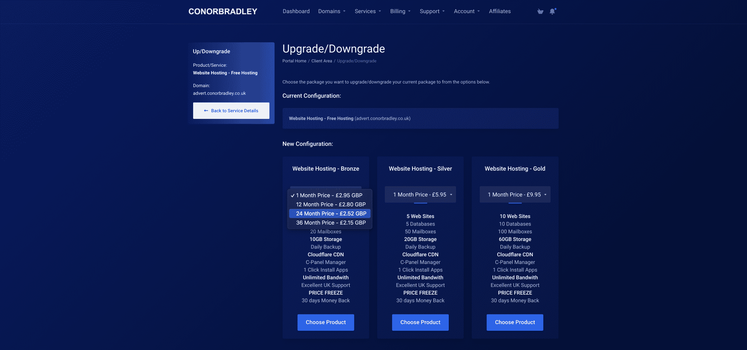 Selecting the upgradedowngrade plan youre wanting then clicking choose product conor bradley digital agency