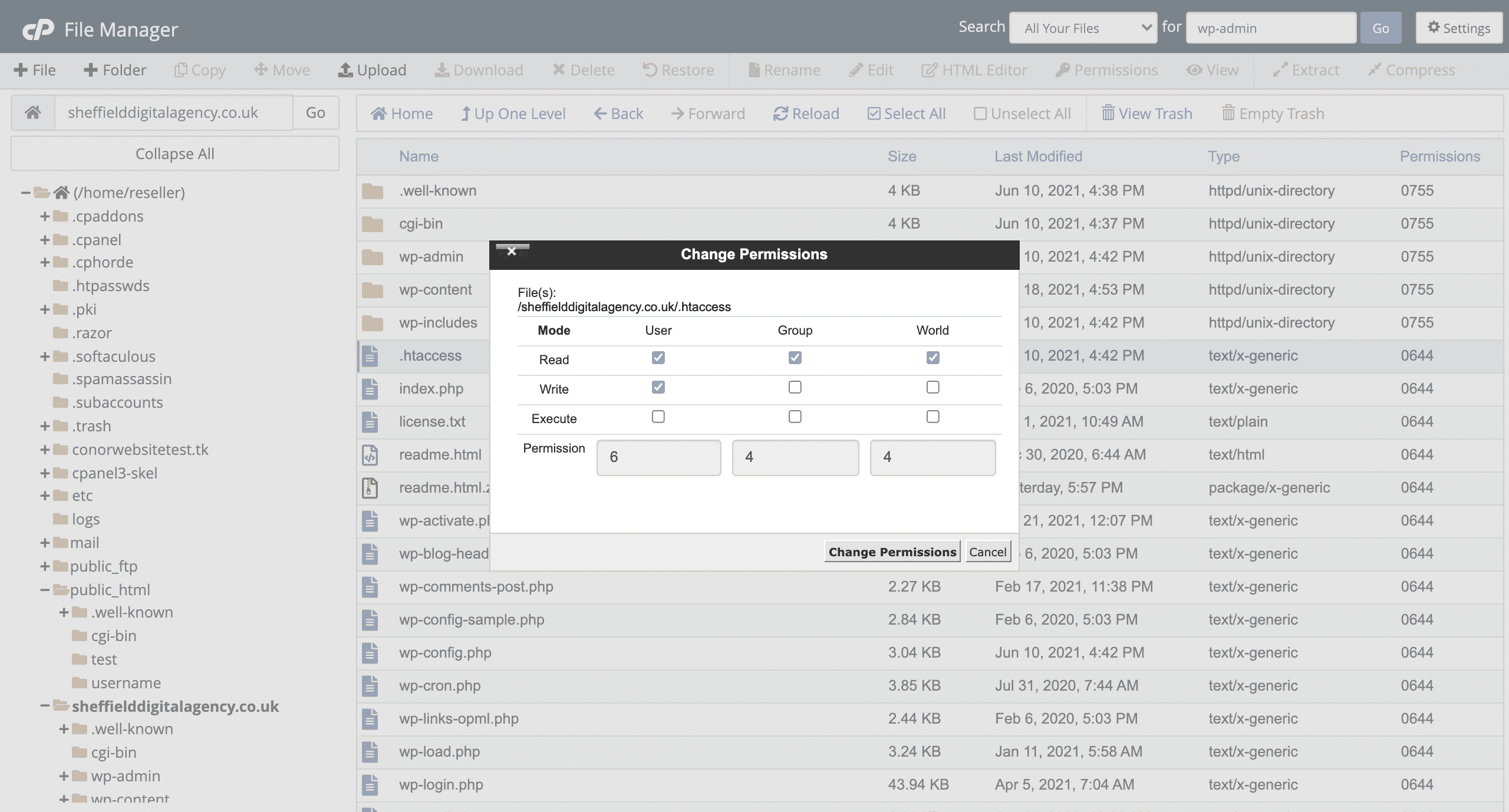 Setting file permissions in cPanel file manager screenshot conor bradley digital agency